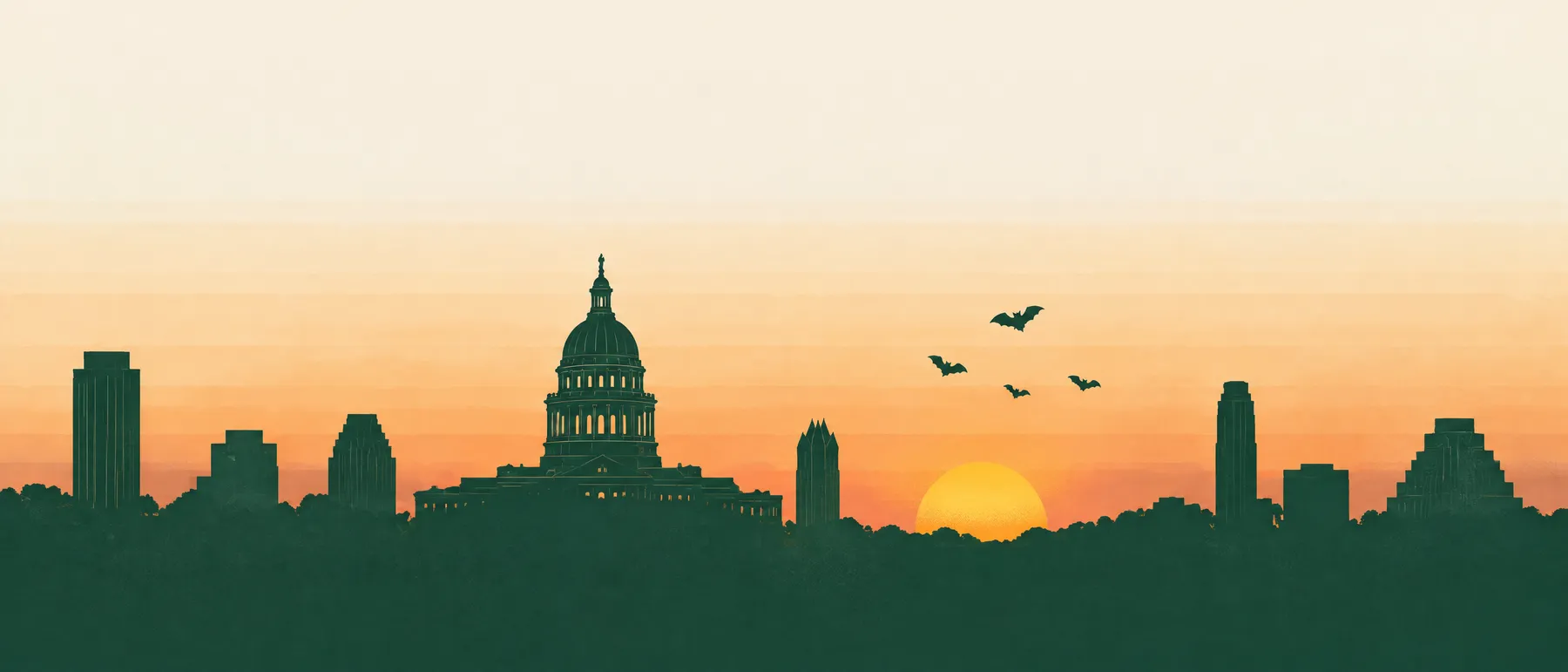 Illustration of the Austin capitol skyline at dusk with bats and a gold sun.
